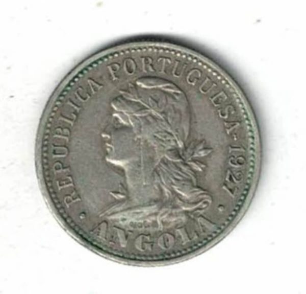 1927 Angola Twenty Centavos Coin. The obverse features a head facing left. The reverse features the Portuguese coat of arms.