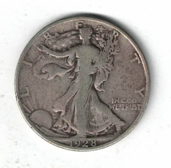 1928 S USA Walking Liberty Silver Half Dollar Coin. The obverse features walking Liberty with date below. The reverse features an eagle with value below.