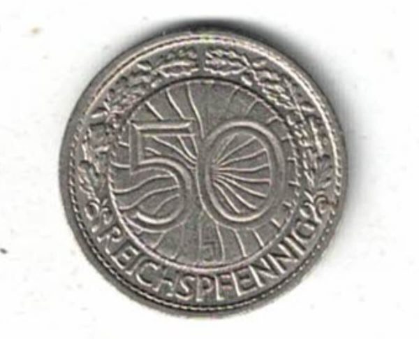  1930 J Germany Fifty Reichspfennig Coin. The obverse features an imperial eagle. The reverse features the value with oak leaves and acorns.