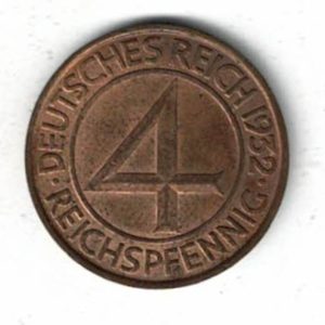 1932 A Germany Weimar Republic Four Reichspfennig Coin. The obverse features an eagle with mint mark. The reverse features the value in the centre.