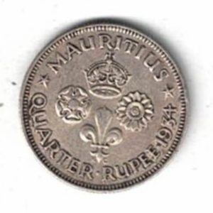 1934 Mauritius Silver Quarter Rupee Coin. The obverse features king George V. The reverse features a crown with lotus flower and tudor rose.