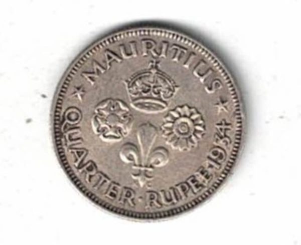 1934 Mauritius Silver Quarter Rupee Coin. The obverse features king George V. The reverse features a crown with lotus flower and tudor rose.