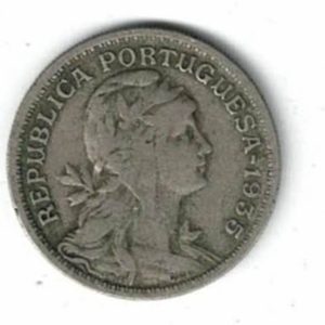 1935 Portugal Fifty Centavos Coin. The obverse features an allegory of republic facing right. The reverse features the Portuguese coat of arms.