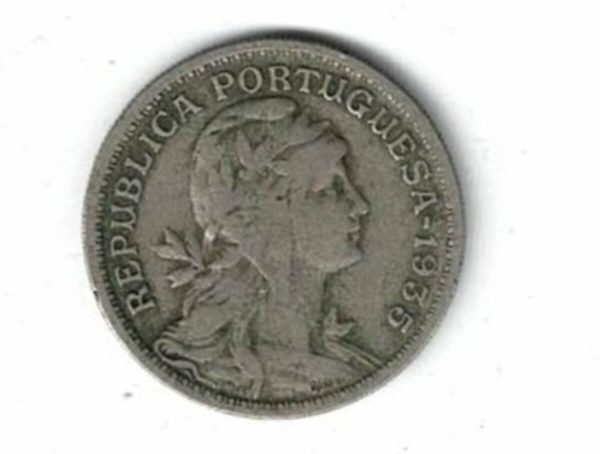 1935 Portugal Fifty Centavos Coin. The obverse features an allegory of republic facing right. The reverse features the Portuguese coat of arms.