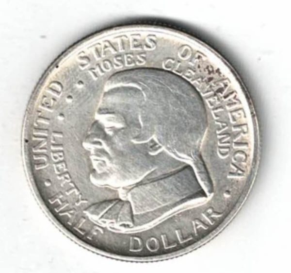 1936 USA Cleveland Great Lakes Exposition Silver Half Dollar Coin. The obverse features Moses Cleveland. The reverse features the great lakes and compass. 