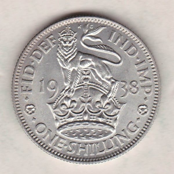 1938 English Silver Shilling coin featuring King George VI on the Obverse. The Reverse features a crowned lion with date and denomination.