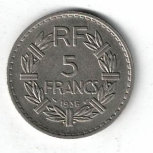 1938 France Nickel Five Francs Coin. The obverse features a Laureate head facing left. The reverse features the value above date with wreath.