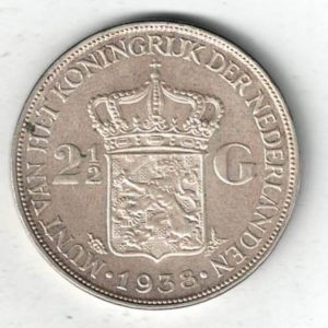 1938 Netherlands Silver Two And Half Gulden Coin. The obverse of this coin features the head of Queen Wilhelmina facing left.