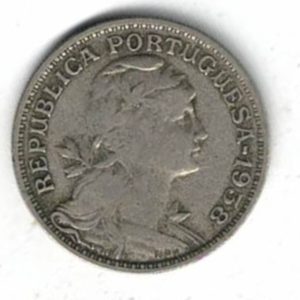 1938 Portugal Fifty Centavos Coin. The obverse features an allegory of republic facing right. The reverse features the Portuguese coat of arms.