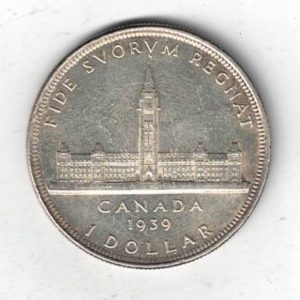 1939 Canada Royal Visit Silver One Dollar Coin. The obverse side of the coin features George VI facing left. All coins are in stock.