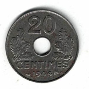 1944 France Zinc Twenty Centimes Coin. The obverse features two wheat stalks with the countries name. The reverse features leaves with value and date.