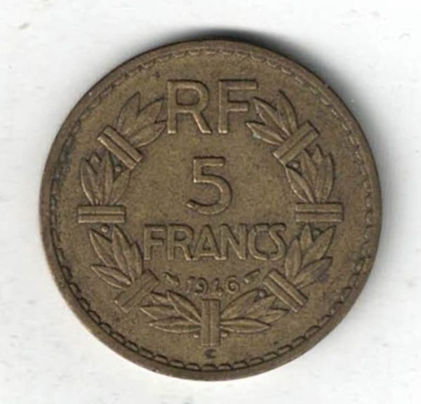 1946 C France Aluminium Bronze Five Francs Coin