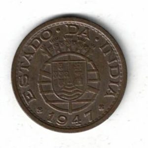 1947 Portuguese India Bronze One Tanga Coin. The obverse features small towers with shields. The reverse the denomination.