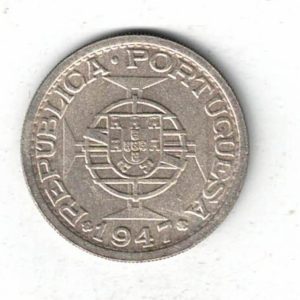 1947 Portuguese India Silver One Rupia Coin. The obverse features towers and shields. The reverse features a shield with Maltese cross.