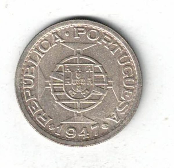 1947 Portuguese India Silver One Rupia Coin. The obverse features towers and shields. The reverse features a shield with Maltese cross.
