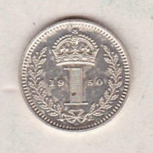 1950 Silver Maundy Penny coin featuring King George VI on the obverse. A crowned denomination dividing date within an oak wreath. on the reverse.