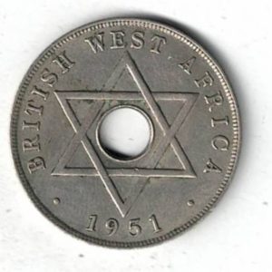 1951 KN British West Africa One Penny Coin. The obverse features a crown and denomination. The reverse features a star with date.
