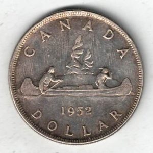 1952 Canada Three Water Lines Silver One Dollar Coin. The obverse side of the coin features George VI facing left. All coins are in stock for dispatch.