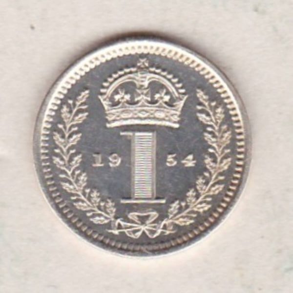 1954 Silver Maundy Penny coin featuring Queen Elizabeth II on the obverse. A crowned denomination dividing date within an oak wreath. on the reverse.