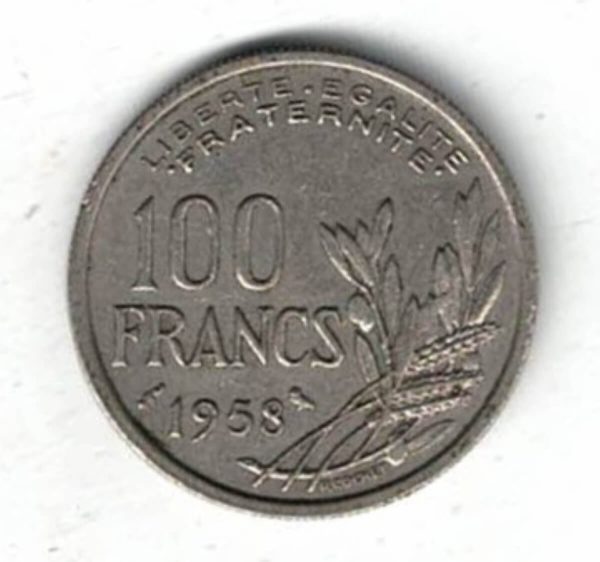 1958 France Owl Privy Mark One Hundred Francs Privy Mark. The obverse features the bust of Liberty holding a torch and facing right.