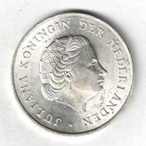 1964 Netherlands Antilles Two And Half Gulden Coin. The obverse features Queen Juliana facing right. The reverse features the crowned of arms.