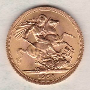 1965 Gold Sovereign Coin featuring the first portrait of Queen Elizabeth II on the Obverse. St George and the Dragon on the Reverse.