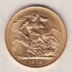 1974 Gold Sovereign Coin. This coin features the second portrait of Queen Elizabeth II on the obverse. St George and dragon on the reverse.