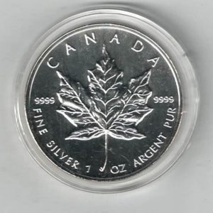 1995 Silver Canada One Ounce Maple. Elizabeth II is on the obverse, The Maple is on the reverse. The coin contains one ounce of 9999 fine silver.