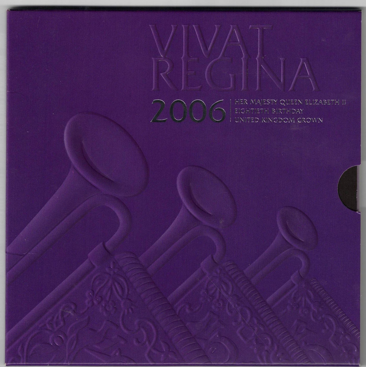 2006 Five pound coin Vivat Regina. cupro nickel coin featuring Queen Elizabeth II on the Obverse. Regal trumpets Reverse. The coin is in stock.