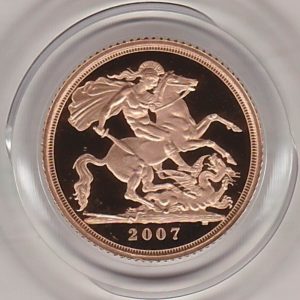 2007 gold proof half sovereign coin in capsule. This coin features Queen Elizabeth II on the obverse and St George and the dragon on the Reverse.