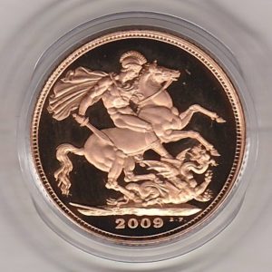 2009 gold proof sovereign coin featuring queen Elizabeth II on the Obverse & St George and the Dragon Reverse. This coin comes in a plastic coin capsule.
