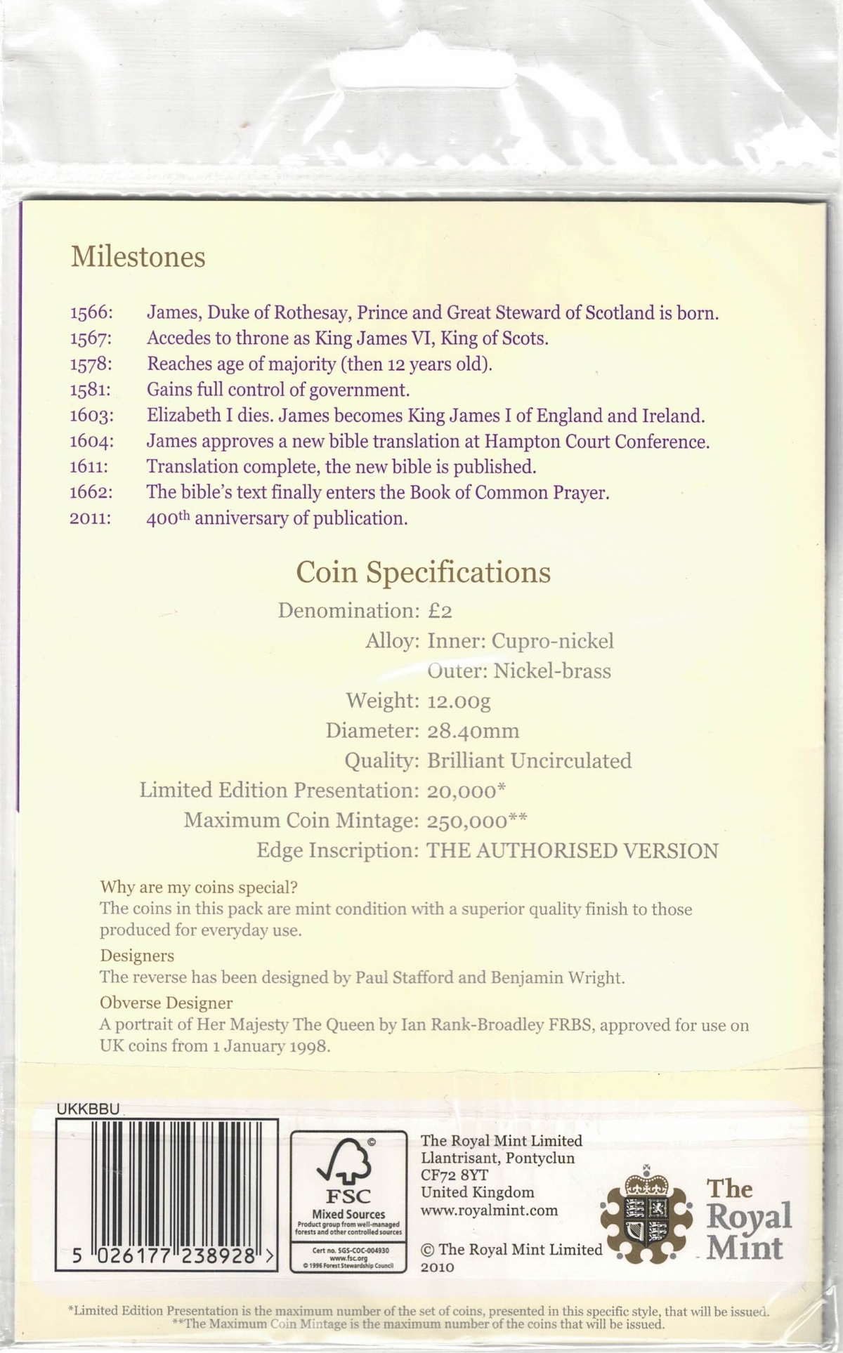 2011 Two Pound Commemorative Coin King James Bible - Image 2