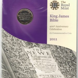 2011 two pound coin King James Bible 400th Anniversary, featuring Queen Elizabeth II on the Obverse. The coin is in stock.
