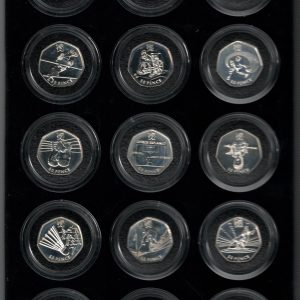 2011 Fifty Pence London Olympics silver 50p coins featuring Queen Elizabeth II on the Obverse. Olympic sports on Reverse. All coins are in stock.