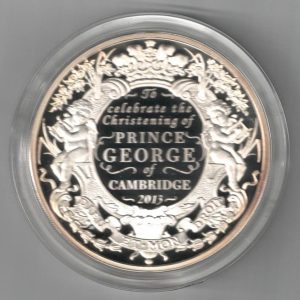 Boxed 2013 Silver Proof Five Ounce Christening of Prince George. This coin weighs 156.29 grams of 0.999 silver. All coins are in stock.