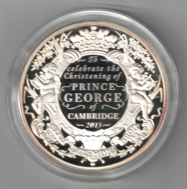 Boxed 2013 Silver Proof Five Ounce Christening of Prince George. This coin weighs 156.29 grams of 0.999 silver. All coins are in stock.