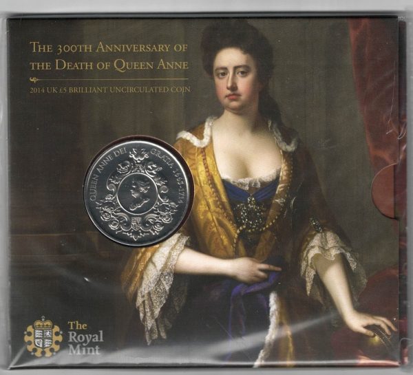 2014 Five Pounds Coin 300th Anniversary of Queen Annes Death. featuring Queen Elizabeth II on the Obverse. All coins are in stock and ready to send.