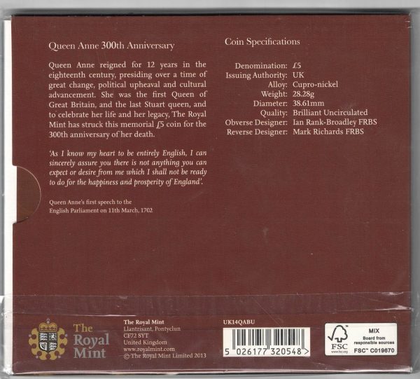 2014 Five Pound Coin Anniversary of the Death of Queen Anne - Image 2