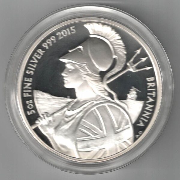 Boxed 2015 Silver Proof Five Ounce Britannia Coin. This coin weighs 156.29 grams of 0.999 silver. All coins are in stock.