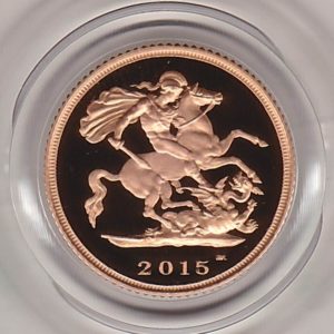 2015 gold proof half sovereign coin in capsule. This coin features Queen Elizabeth II on the obverse and St George and the dragon on the Reverse.