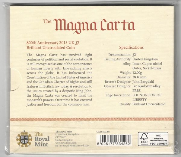 2015 Two Pound Coin Magna Carta - Image 2