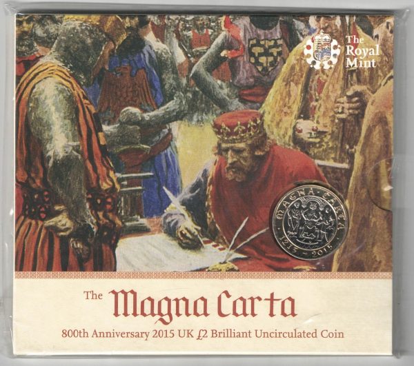 2015 Two Pound Coin Magna Carta. Cupro nickel brass coin featuring Queen Elizabeth II on the Obverse. The Reverse features Magna Carta.
