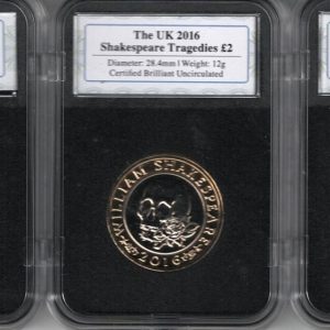 Three 2016 Two Pound slabbed Shakespeare coins , Queen Elizabeth II on Obverse. Shakespeare images on reverse. All coins are in stock.