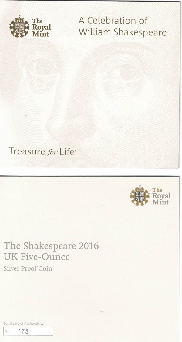 Boxed 2016 Silver Proof Five Ounce William Shakespeare Coin - Image 3