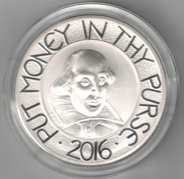 Boxed 2016 Silver Proof Five Ounce William Shakespeare. This coin weighs 156.30 grams of 0.999 silver. All coins are in stock.