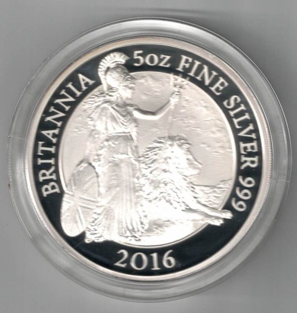 Boxed 2016 Silver Proof Five Ounce Britannia Coin. This coin weighs 156.29 grams of 0.999 silver. All coins are in stock.