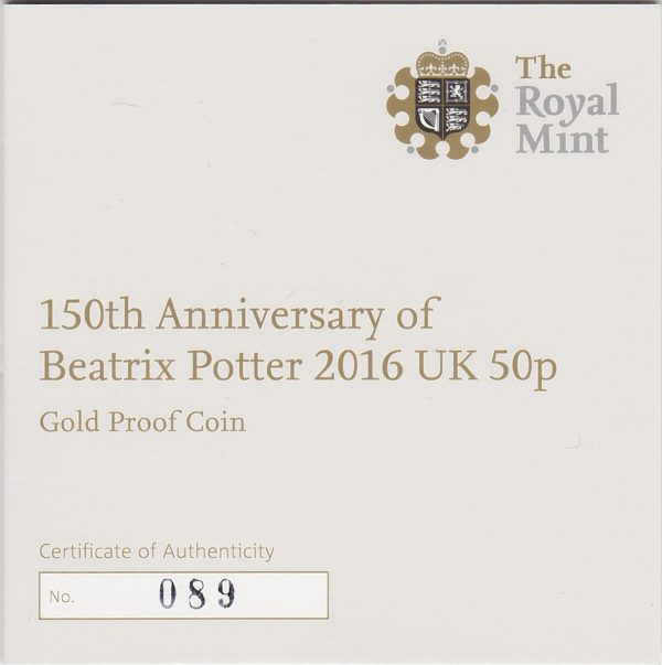 2016 Gold Proof Fifty Pence Beatrix Potter - Image 3