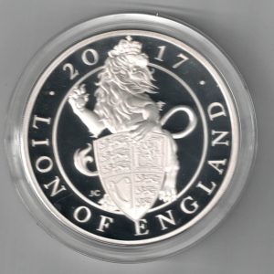 Boxed 2017 Silver Proof Five Ounce The Lion of England. This coin weighs 156.29 grams of 0.999 silver. All coins are in stock.