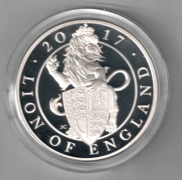 Boxed 2017 Silver Proof Five Ounce The Lion of England. This coin weighs 156.29 grams of 0.999 silver. All coins are in stock.