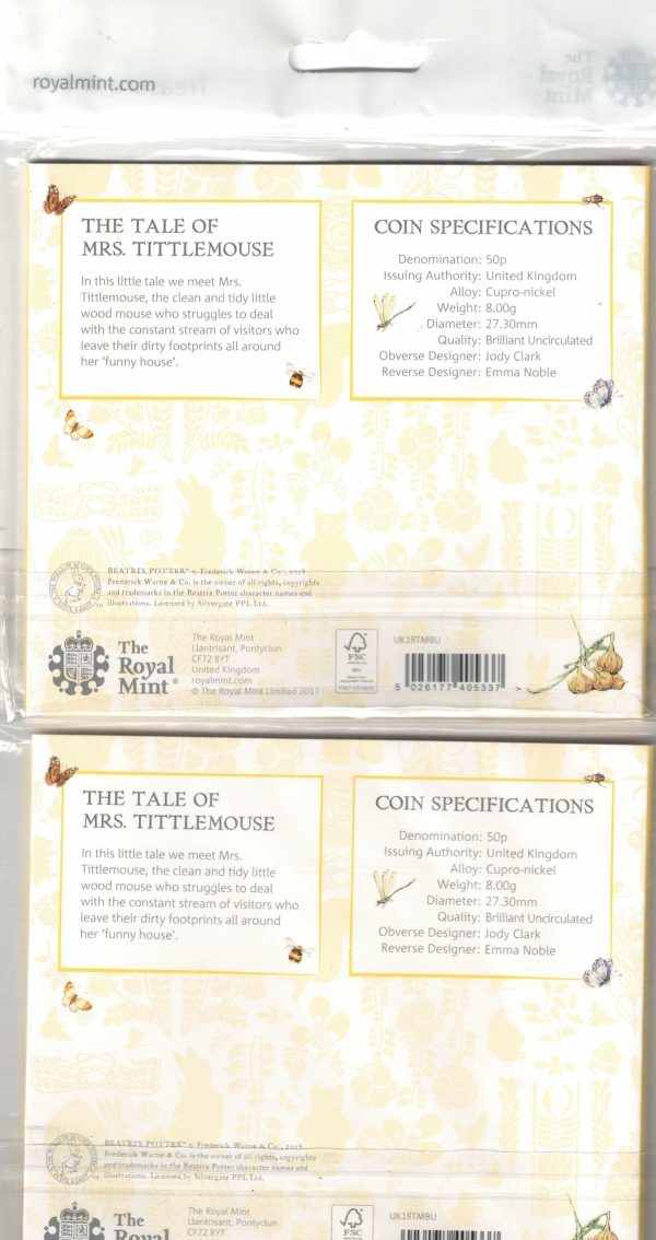 Two 2018 Fifty Pence Coins Mrs Tittlemouse - Image 2